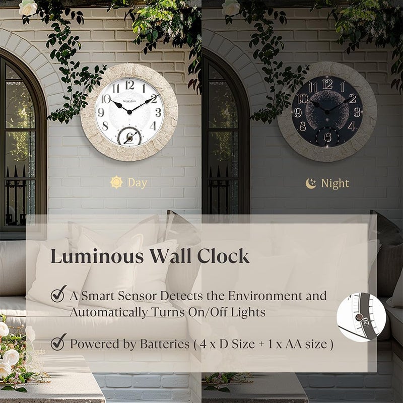 Presentime & Co 14" Illuminated in/Outdoor Clock with Smart Sensor and Night Light, Waterproof, Large Wall Clock with Thermometer & Hygrometer, for Garden and Patio - Coastal Sandstone Finish. - Image 2